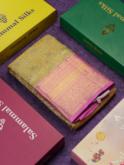 Beautiful Gold Tissue Bridal Pure Kanjivaram Silk Saree With Contrast Lavender Traditional Border