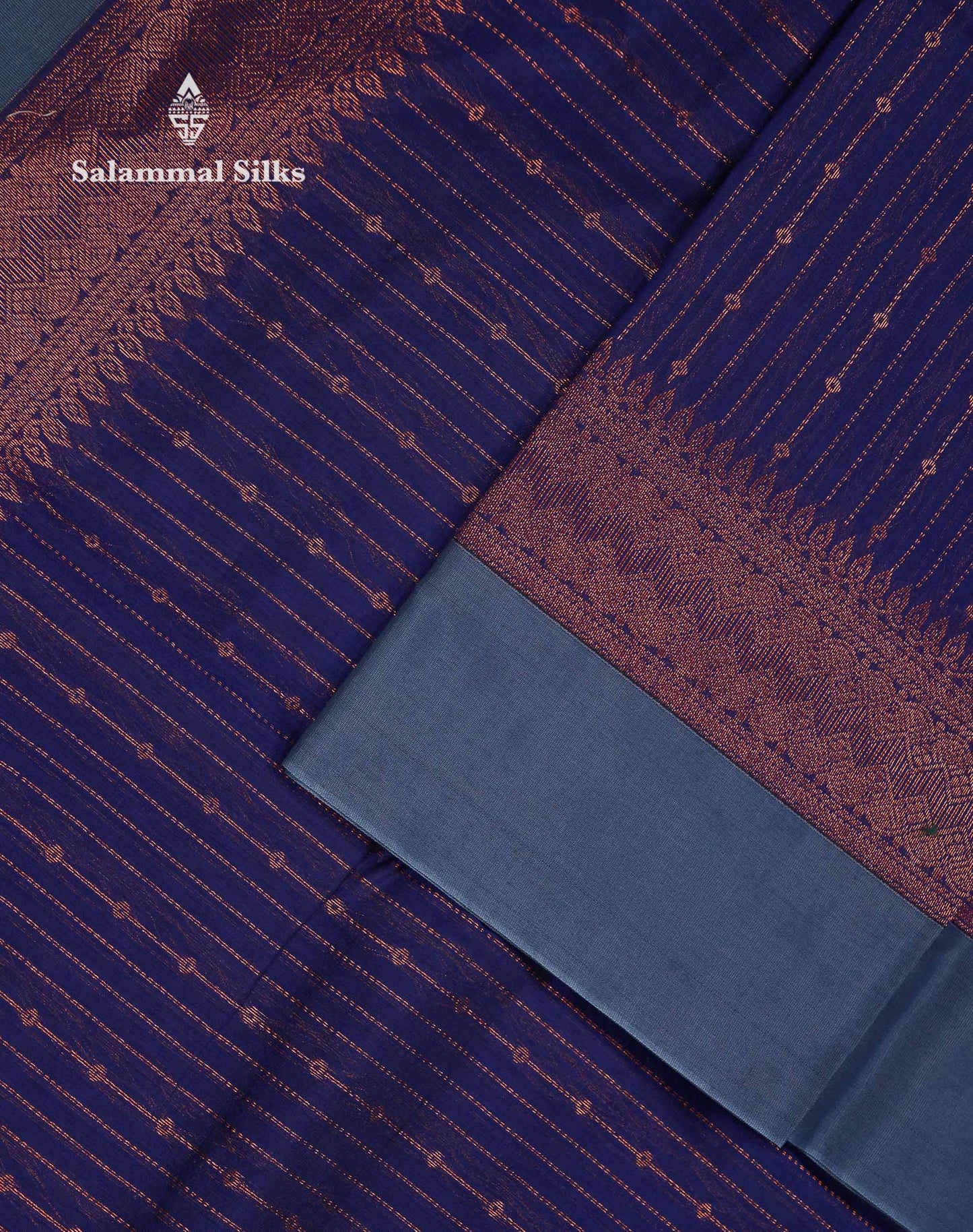 Beautiful Dual Tone Navy Blue Copper Zari Lines With Butta Kota Cotton Saree With Contrast Grey Plain Border
