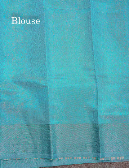 Semi Raw Silk Saree - Pinkish Peach Colour Body With Contrast Sapphire Blue Fancy Border