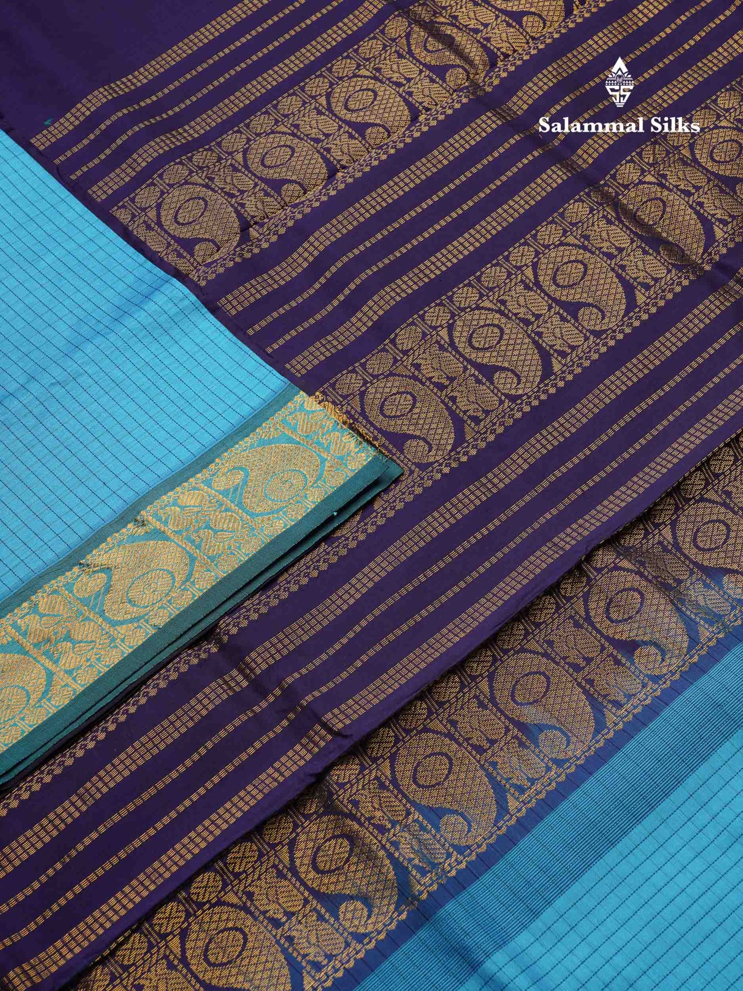 Beautiful Sky Blue Small Checks Semi Silk Cotton Saree With Contrast Navy Blue Blouse