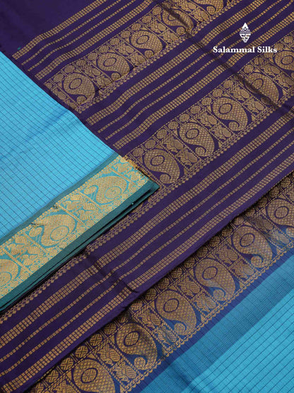 Beautiful Sky Blue Small Checks Semi Silk Cotton Saree With Contrast Navy Blue Blouse