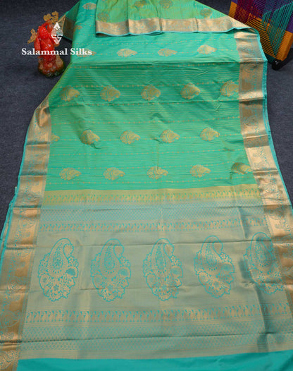 Beautiful Dark Maroon Zari Lines With Butta Semi Silk Saree With Contrast Bottle Green Traditional Border