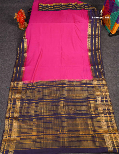 Semi Crepe Silk Saree - Magenta Pink Colour Body Plain With Contrast Navy Blue Border 