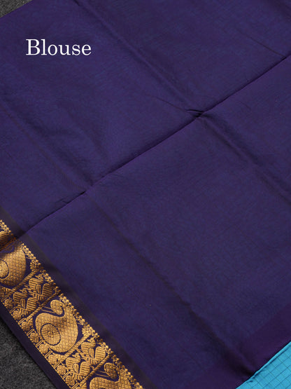 Beautiful Sky Blue Small Checks Semi Silk Cotton Saree With Contrast Navy Blue Blouse