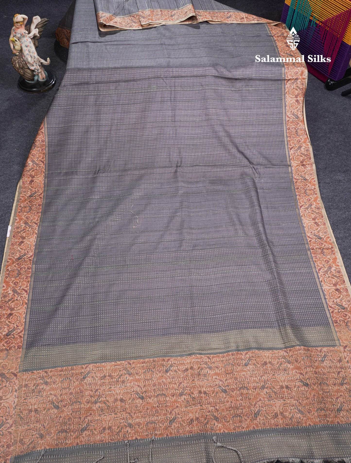 Olive Green Semi Tussar Fancy Saree With Contrast Sandal Floral Print Border