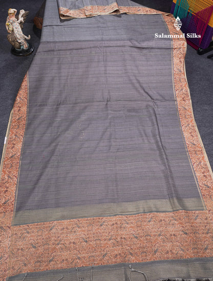 Olive Green Semi Tussar Fancy Saree With Contrast Sandal Floral Print Border