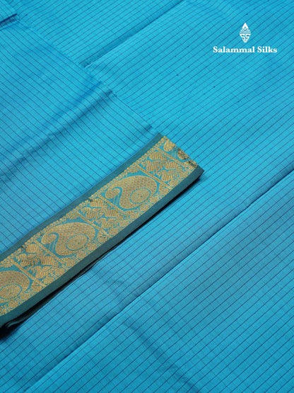Beautiful Sky Blue Small Checks Semi Silk Cotton Saree With Contrast Navy Blue Blouse