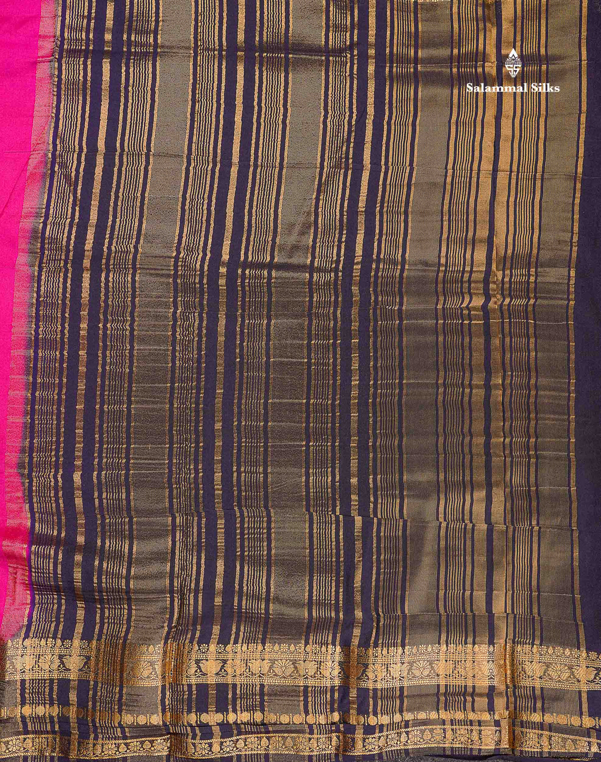 Semi Crepe Silk Saree - Magenta Pink Colour Body Plain With Contrast Navy Blue Border