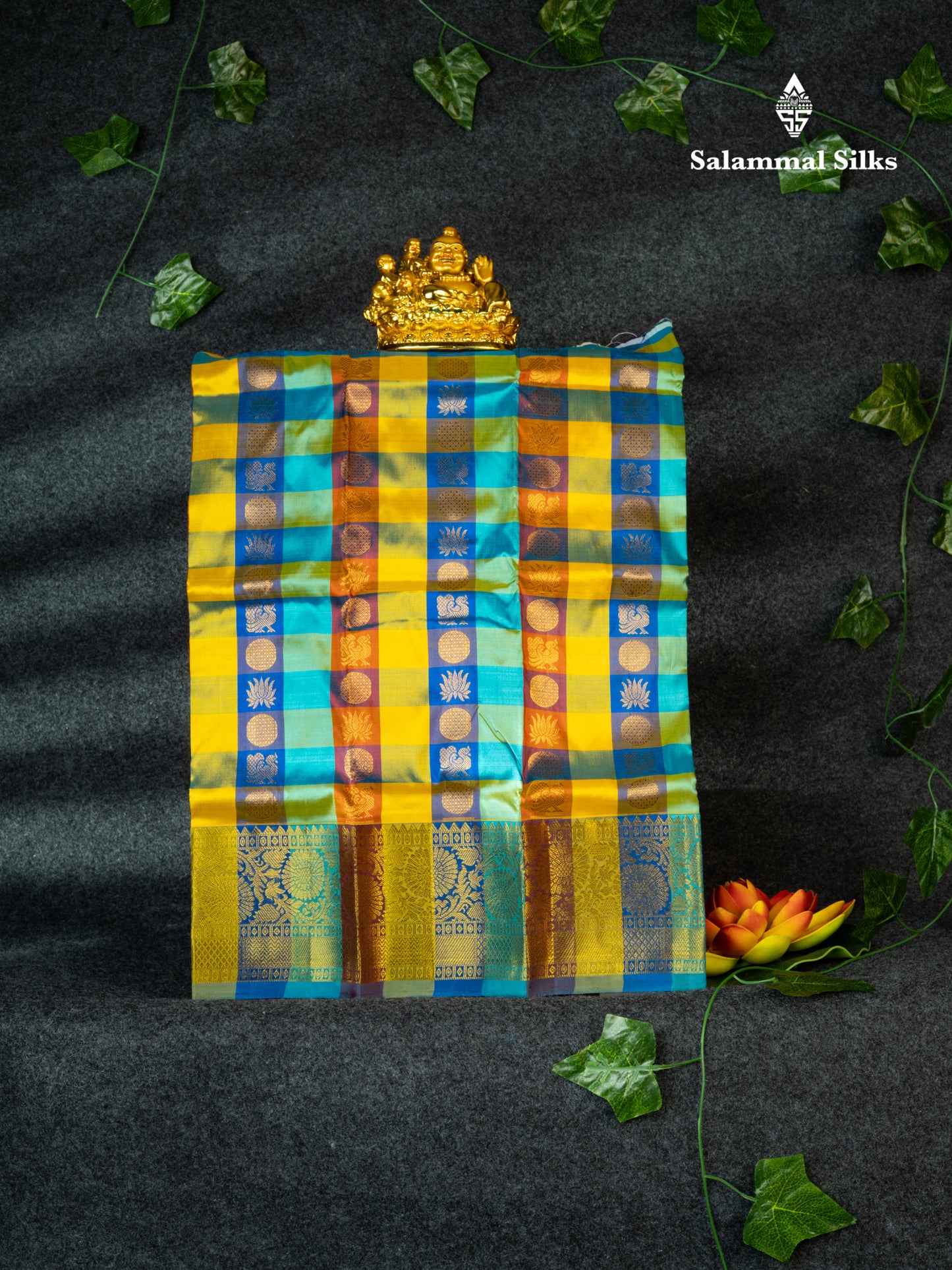 Pure Silk Pattu Pavadai (Multi Colour Checks) With  Blue Blouse 18"