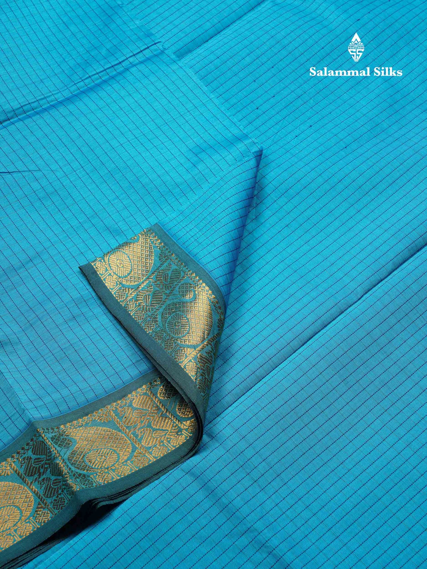 Beautiful Sky Blue Small Checks Semi Silk Cotton Saree With Contrast Navy Blue Blouse