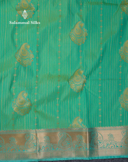 Beautiful Dark Maroon Zari Lines With Butta Semi Silk Saree With Contrast Bottle Green Traditional Border