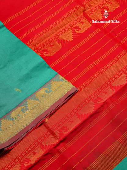Beautiful Sapphire Green Semi Silk Cotton Saree With Contrast Chilly Red Blouse
