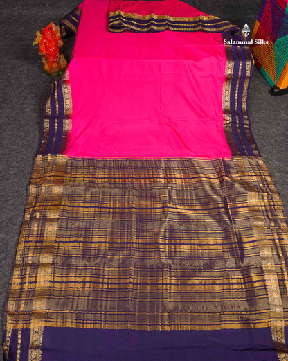 Semi Crepe Silk Saree - Pink Colour Body Plain With Contrast Navy Blue Border 