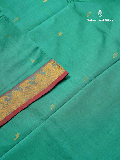 Beautiful Sapphire Green Semi Silk Cotton Saree With Contrast Chilly Red Blouse