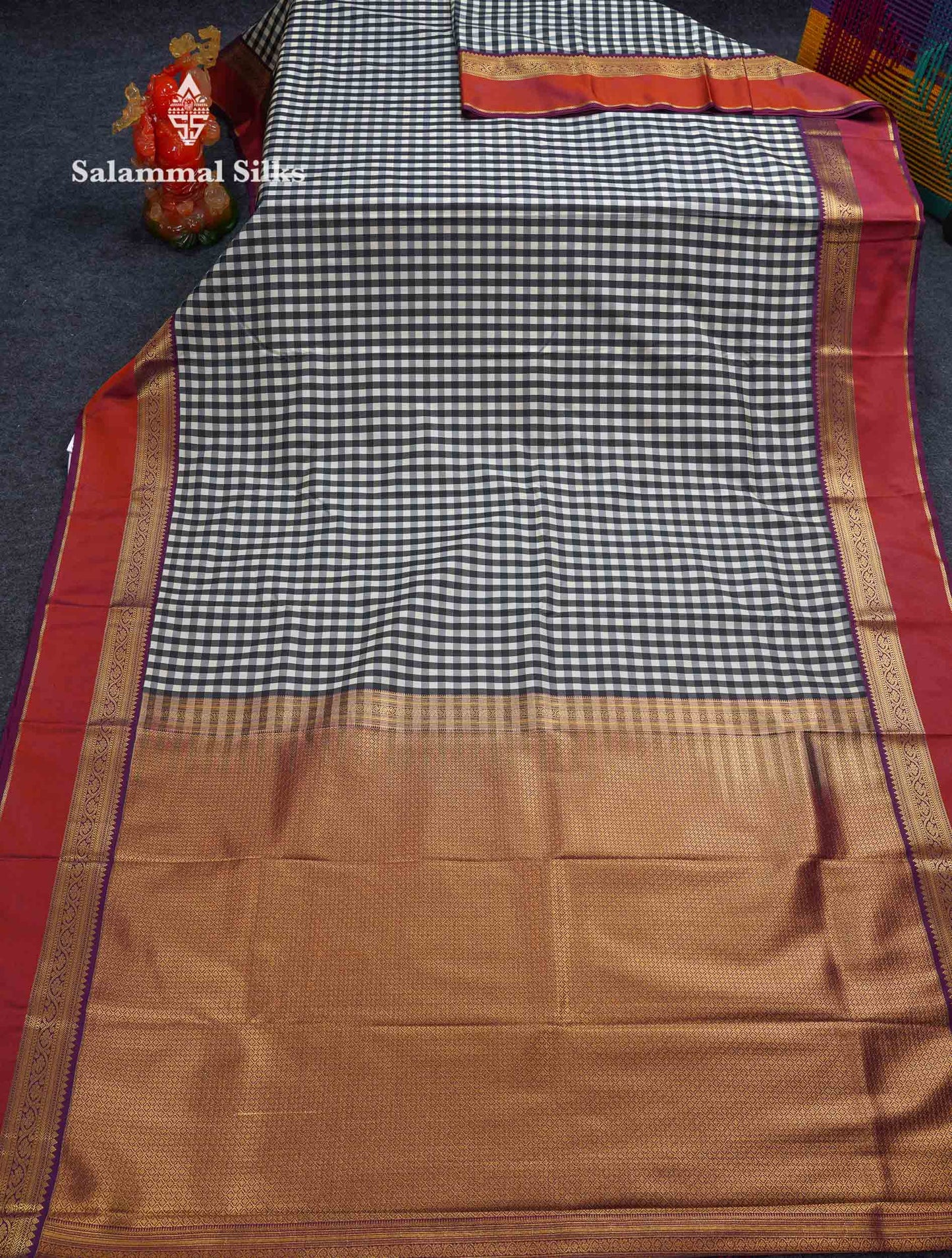 Beautiful Multicolour Small Checks Semi Silk Saree With Contrast Magenta Traditional Border