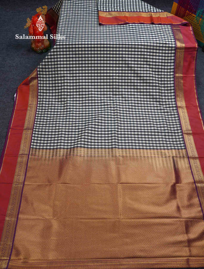 Beautiful Multicolour Small Checks Semi Silk Saree With Contrast Magenta Traditional Border