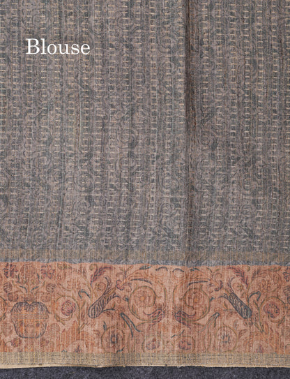 Olive Green Semi Tussar Fancy Saree With Contrast Sandal Floral Print Border