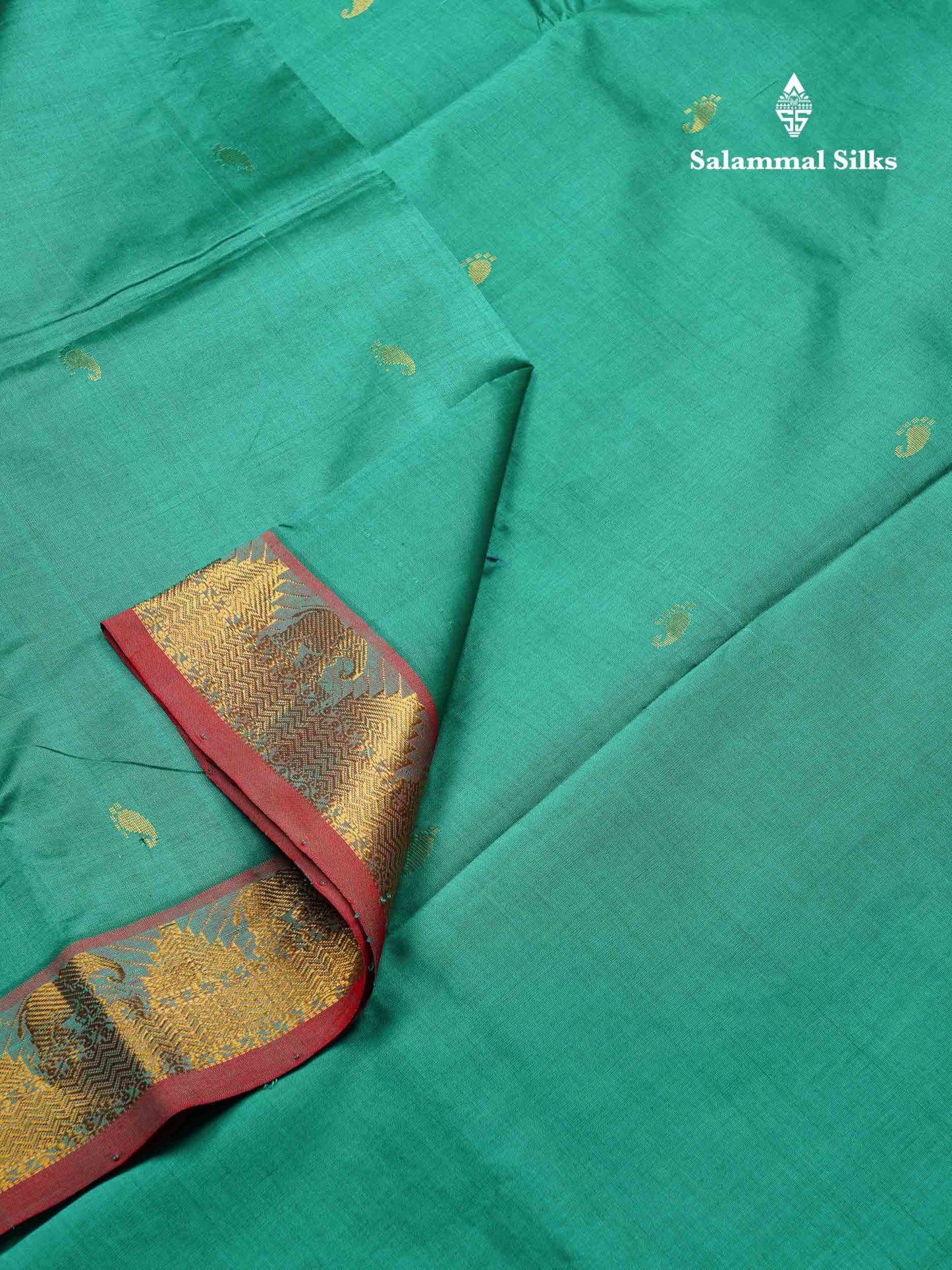 Beautiful Sapphire Green Semi Silk Cotton Saree With Contrast Chilly Red Blouse