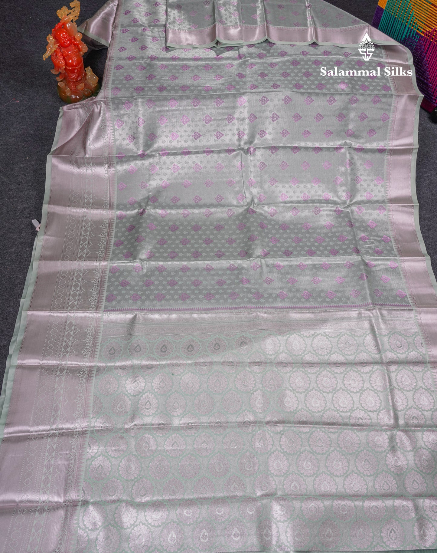 Beautiful Silver Semi Soft Silk Saree With Traditional Evening Morning Border