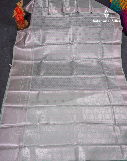 Beautiful Silver Semi Soft Silk Saree With Traditional Evening Morning Border