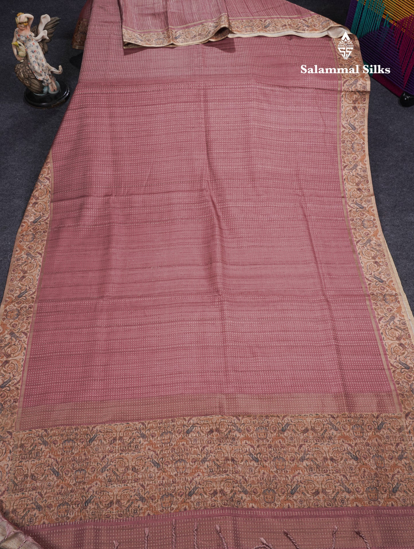 Olive Green Semi Tussar Fancy Saree With Contrast Sandal Floral Print Border