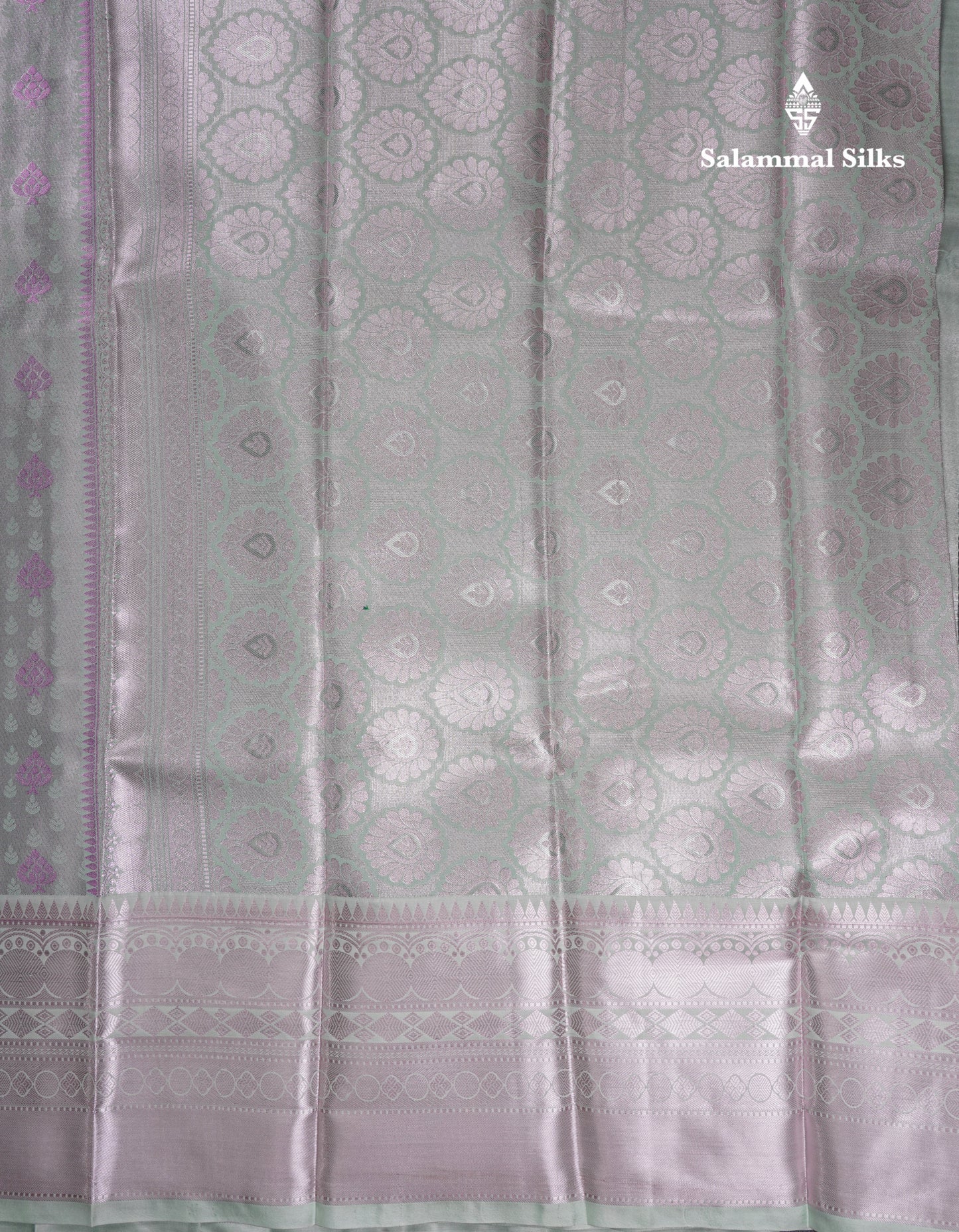 Beautiful Silver Semi Soft Silk Saree With Traditional Evening Morning Border