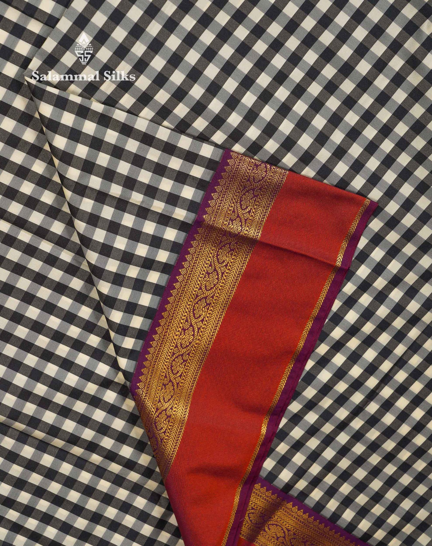 Beautiful Multicolour Small Checks Semi Silk Saree With Contrast Magenta Traditional Border