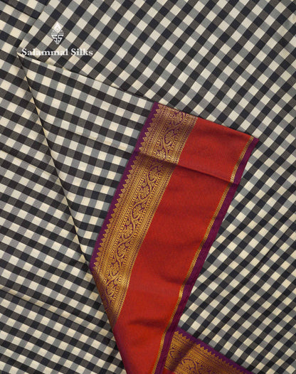 Beautiful Multicolour Small Checks Semi Silk Saree With Contrast Magenta Traditional Border