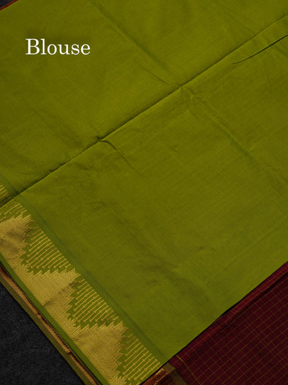 Beautiful Dark Maroon Small Checks Semi Silk Cotton Saree With Contrast Parrot Green Blouse