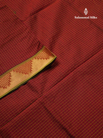 Beautiful Dark Maroon Small Checks Semi Silk Cotton Saree With Contrast Parrot Green Blouse