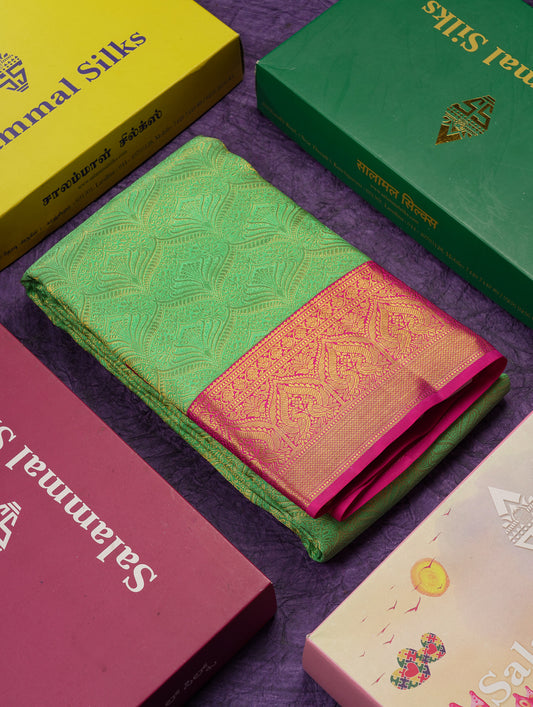 Beautiful Rexona Green Bridal Pure Kanjivaram Silk Saree With Contrast Pink Traditional Border