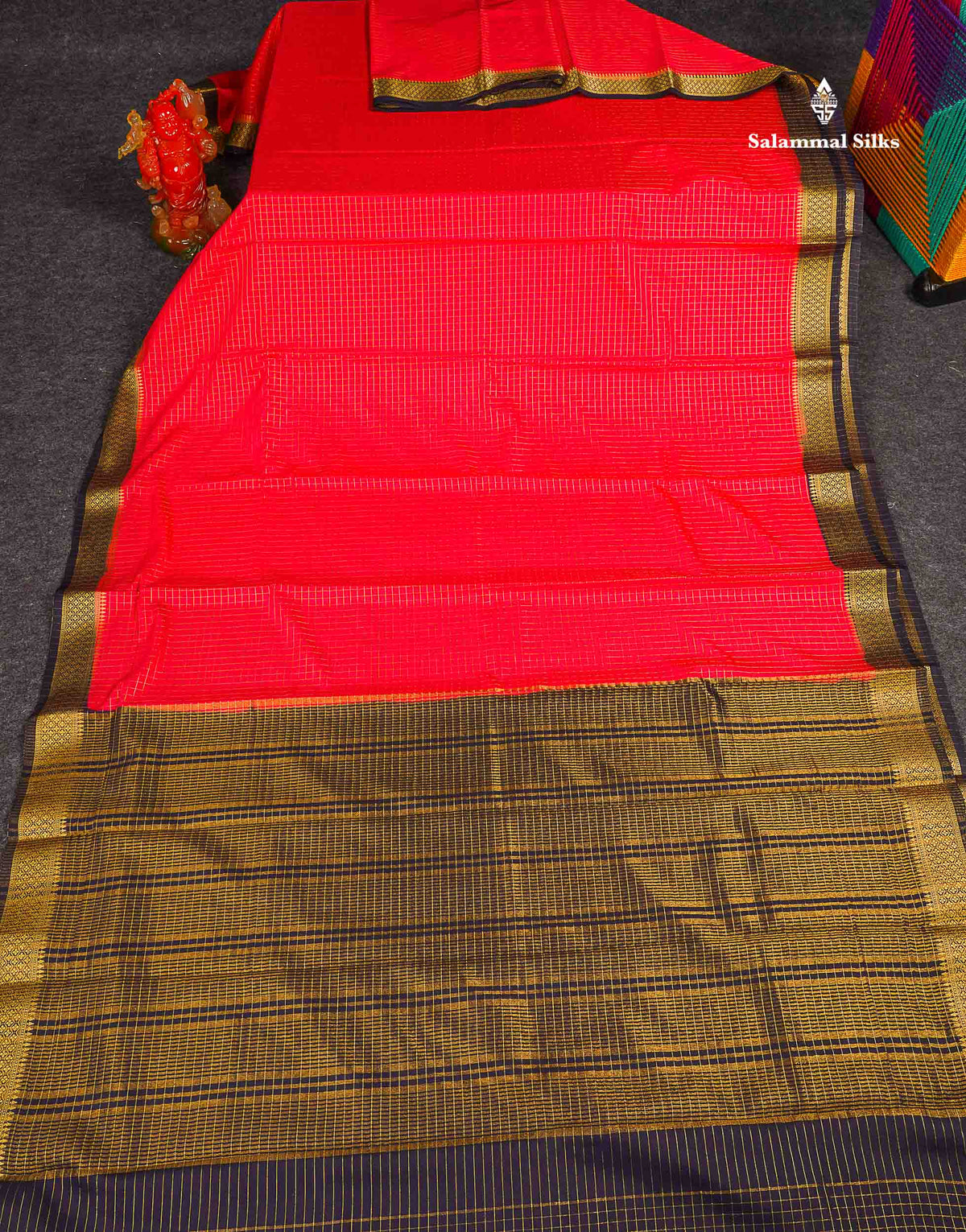 Semi Crepe Silk Saree - Pinkish Peach Colour Body Small Checks With Contrast Navy Blue Border