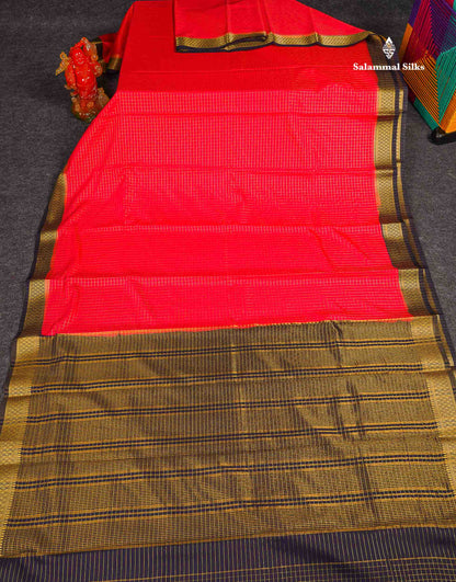 Semi Crepe Silk Saree - Pinkish Peach Colour Body Small Checks With Contrast Navy Blue Border
