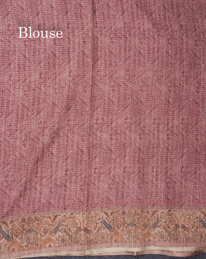 Olive Green Semi Tussar Fancy Saree With Contrast Sandal Floral Print Border