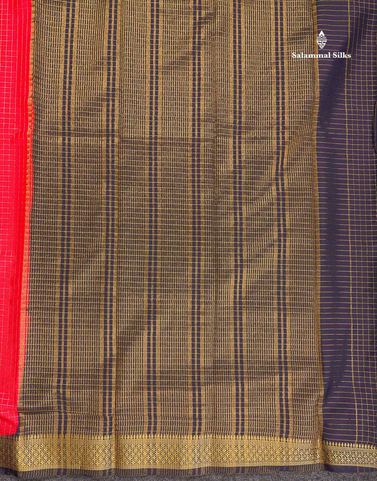 Semi Crepe Silk Saree - Pinkish Peach Colour Body Small Checks With Contrast Navy Blue Border