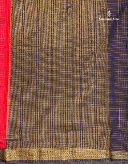 Semi Crepe Silk Saree - Pinkish Peach Colour Body Small Checks With Contrast Navy Blue Border