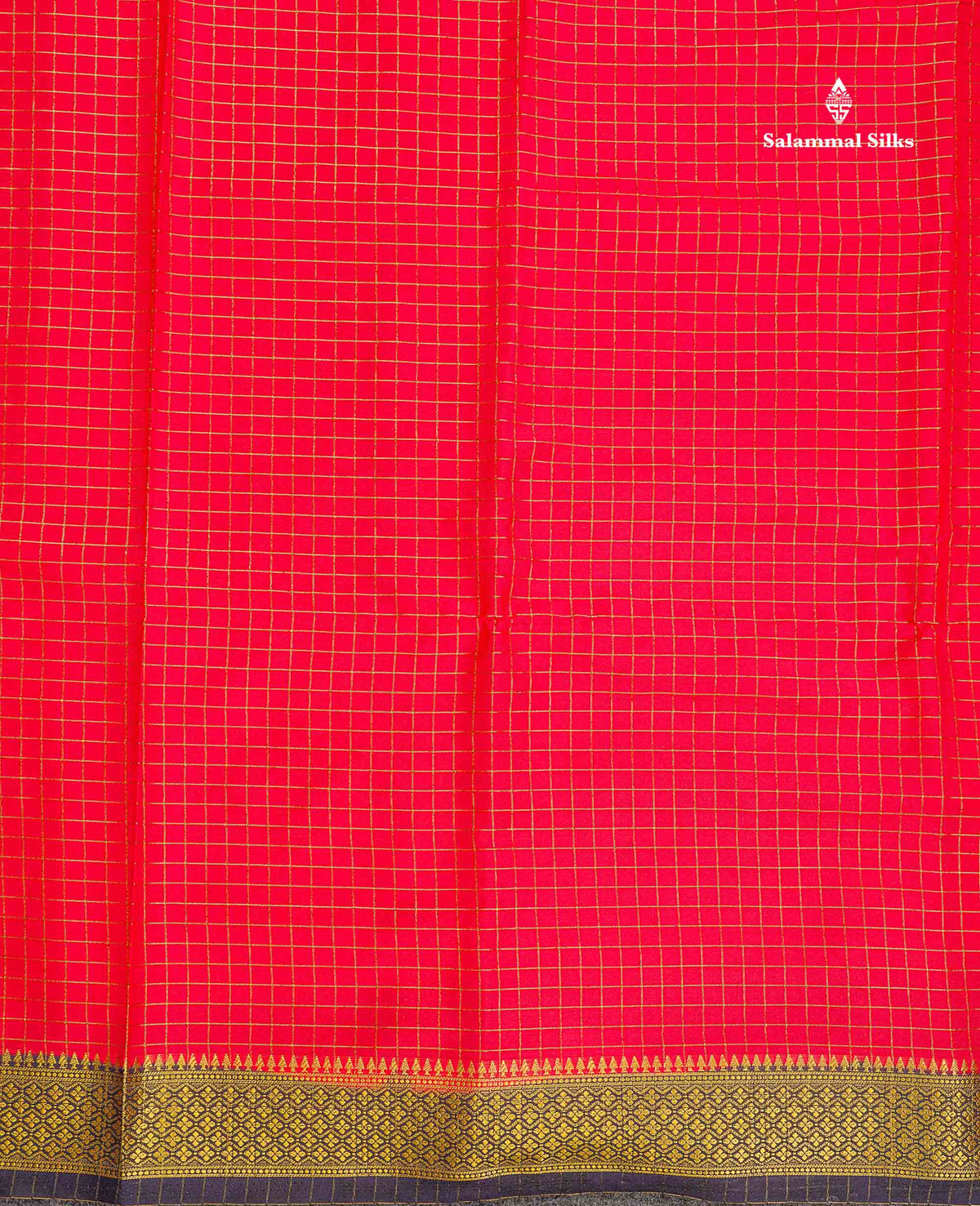 Semi Crepe Silk Saree - Pinkish Peach Colour Body Small Checks With Contrast Navy Blue Border