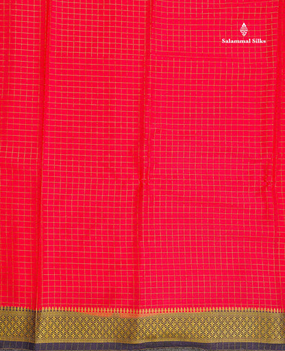 Semi Crepe Silk Saree - Pinkish Peach Colour Body Small Checks With Contrast Navy Blue Border