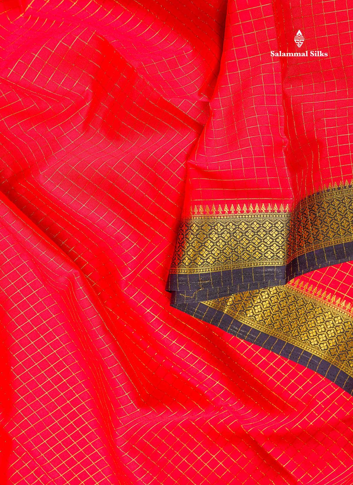 Semi Crepe Silk Saree - Pinkish Peach Colour Body Small Checks With Contrast Navy Blue Border