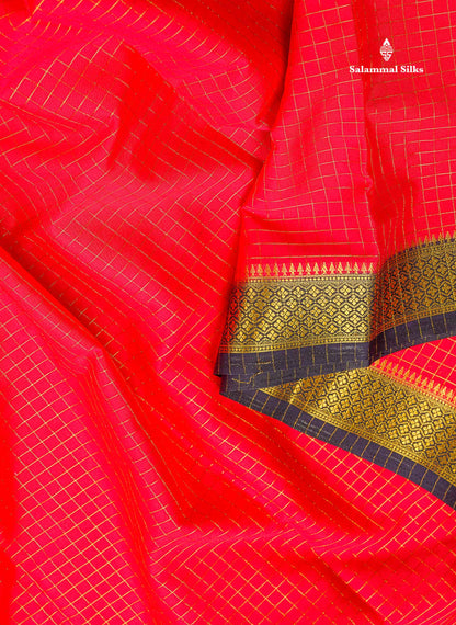 Semi Crepe Silk Saree - Pinkish Peach Colour Body Small Checks With Contrast Navy Blue Border