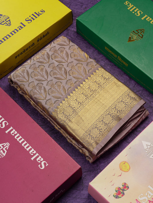 Beautiful Dual Tone Grey Bridal Pure Kanjivaram Silk Saree With Traditional Border