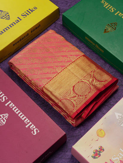 Beautiful Dark Peach Bridal Pure Kanjivaram Silk Saree With Contrast Chilly Red Traditional Border