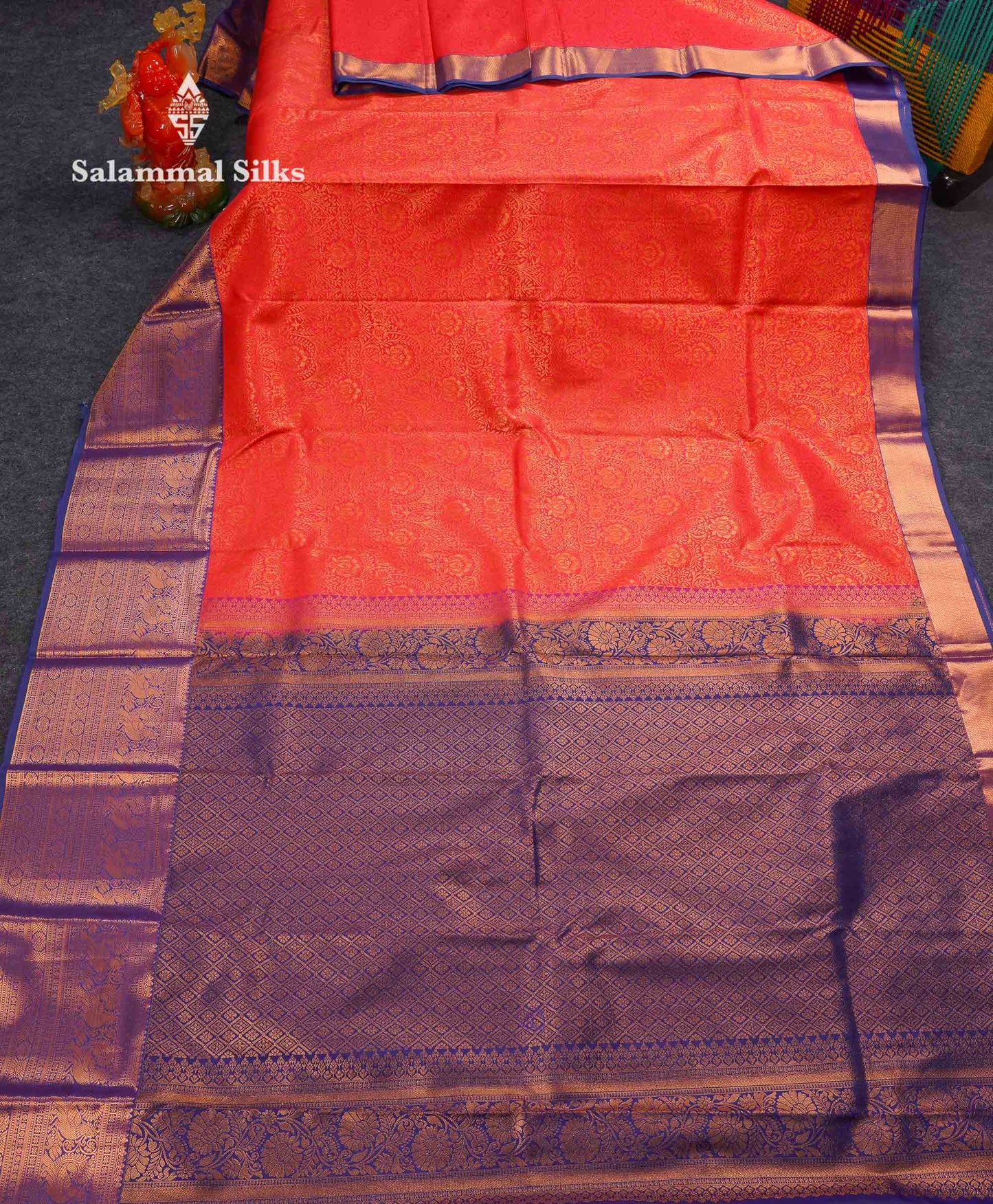 Beautiful Dual Tone Peach Orange Bridal Semi Silk Saree With Contrast Navy Blue Traditional Evening Morning Border