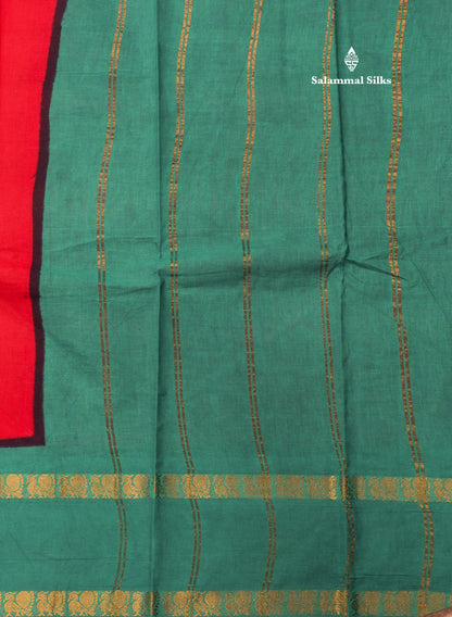 Reddish Pink Pure Sungudi Cotton Saree With Contrast Sapphire Green Gap Border