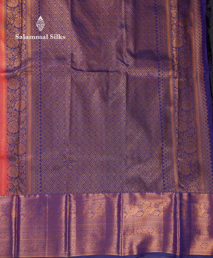 Beautiful Dual Tone Peach Orange Bridal Semi Silk Saree With Contrast Navy Blue Traditional Evening Morning Border