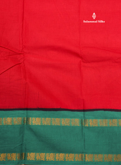 Reddish Pink Pure Sungudi Cotton Saree With Contrast Sapphire Green Gap Border