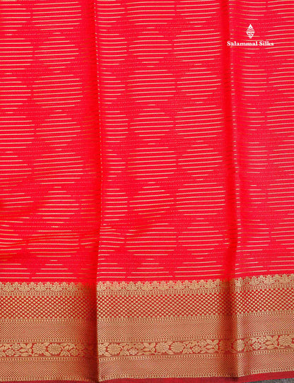 Semi Crepe Silk Saree - Pinkish Peach Colour Body Horizontal Line With Contrast Maroon Border