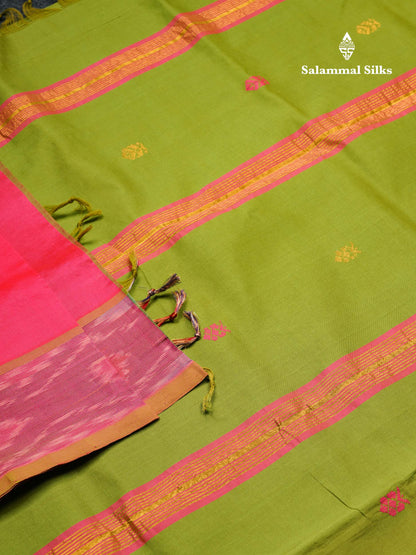 Beautiful Pink Thread Work Buttas Semi Silk Cotton Saree With Contrast Green Blouse