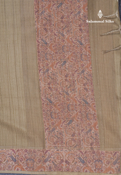 Olive Green Semi Tussar Fancy Saree With Contrast Sandal Floral Print Border