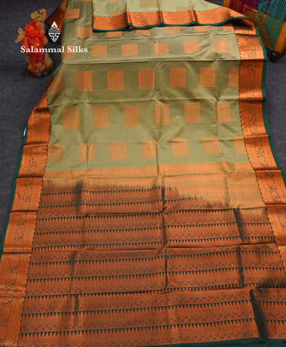 Beautiful Light Olive Green Zari Lines Semi Silk Saree With Contrast Bottle Green Traditional Border